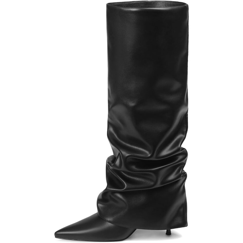 Womens Knee High Boots, Fold Over Shark Boots Stiletto Heels Slouchy Long Boot P
